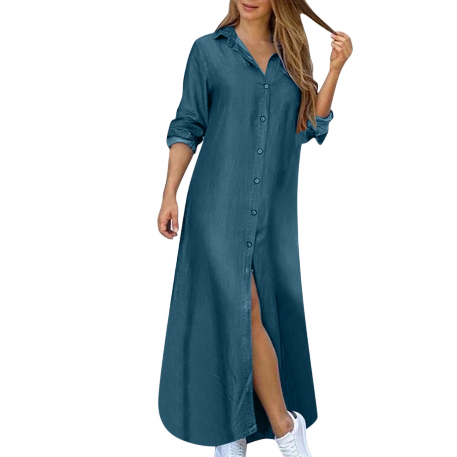 thumbnail image 5 of Vestido informal de mujer, de denim liso, con cuello en V, manga larga, botones y bolsillos, de poliéster, 5 of 8